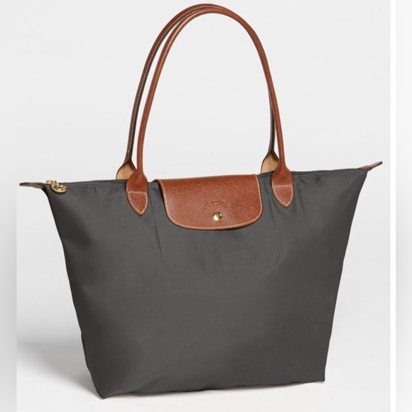 Longchamp Bags Longchamp Le Pliage Gunmetal With Brown Leather Flap